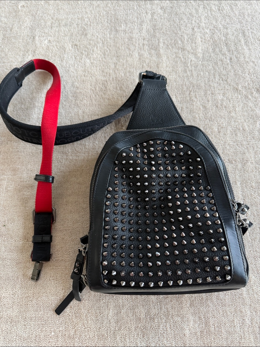 Christian Louboutin Black Studded Leather Crossbody Bag with Red Strap